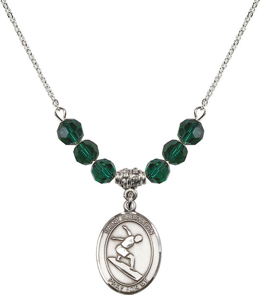 Sterling Silver Saint Sebastian/Surfing Birthstone Necklace with Emerald Beads - 8175