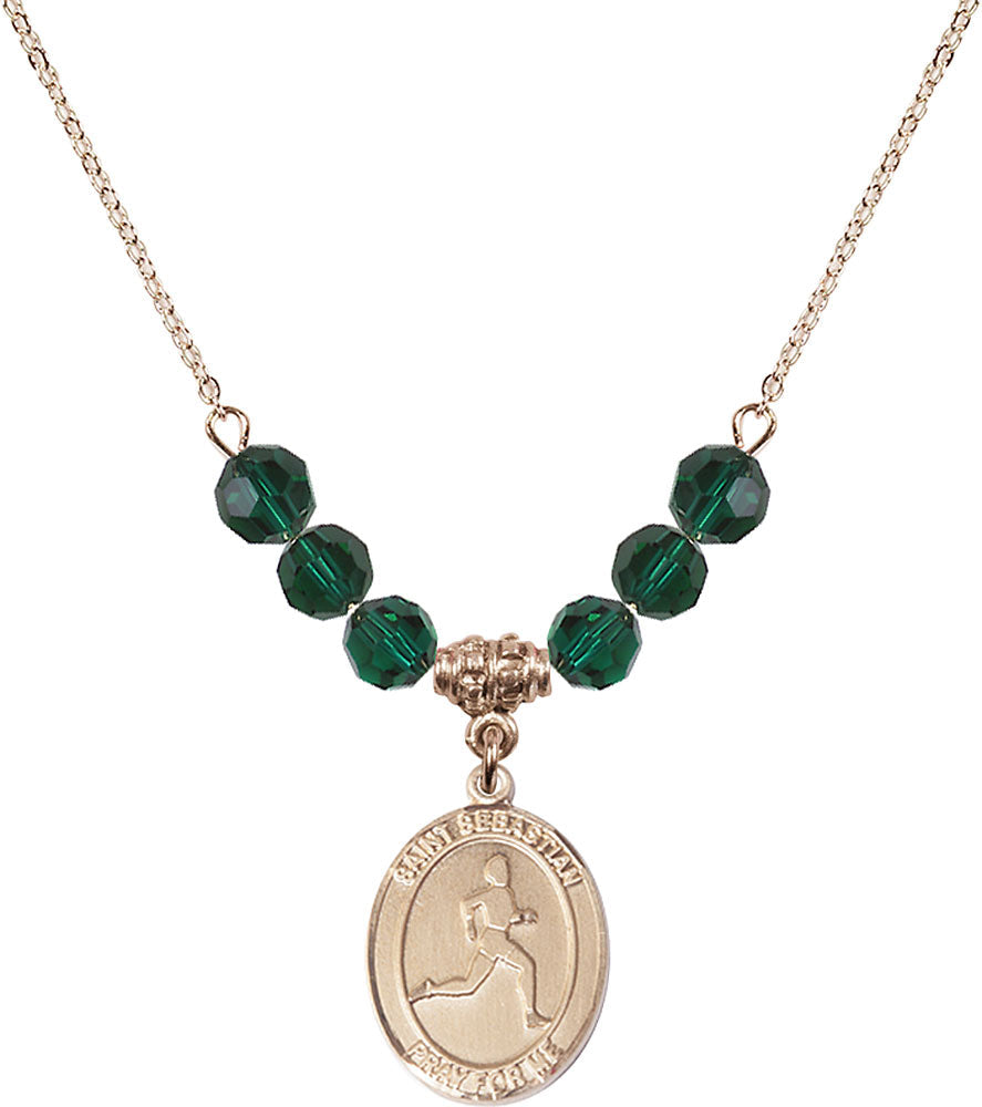 14kt Gold Filled Saint Sebastian/Track & Field Birthstone Necklace with Emerald Beads - 8176