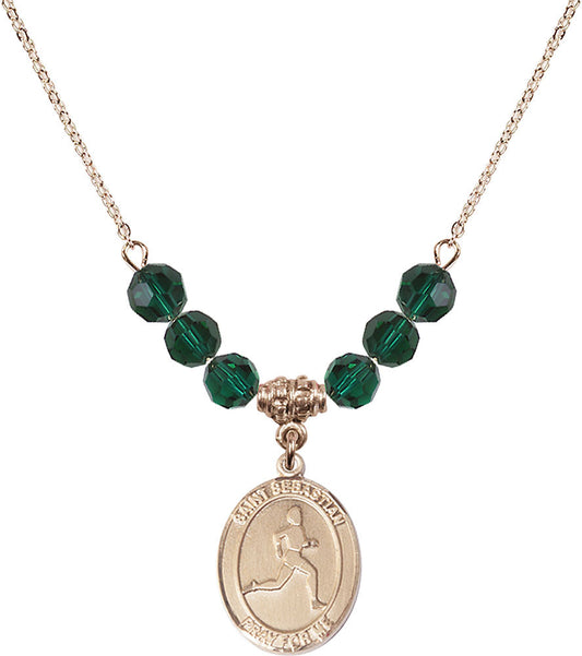 14kt Gold Filled Saint Sebastian/Track & Field Birthstone Necklace with Emerald Beads - 8176