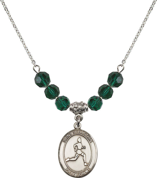 Sterling Silver Saint Sebastian/Track & Field Birthstone Necklace with Emerald Beads - 8176