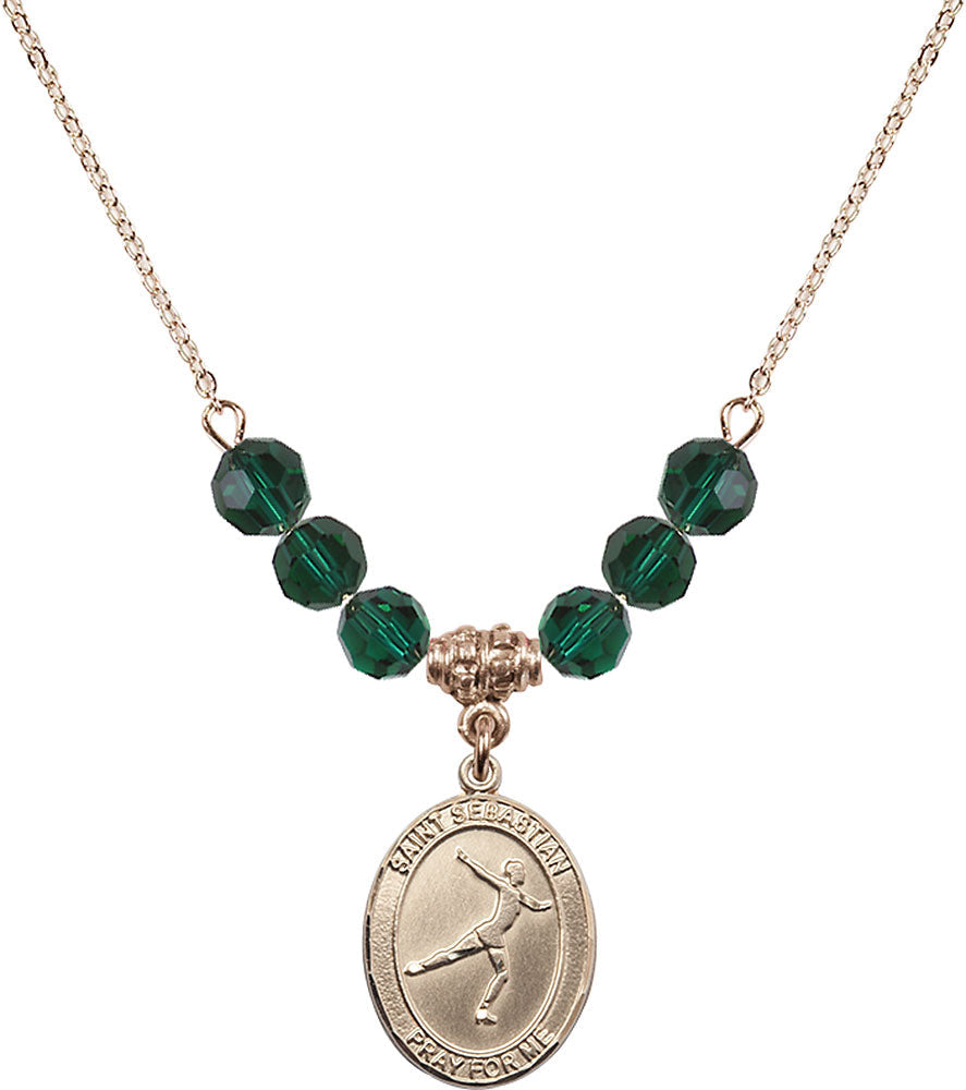 14kt Gold Filled Saint Sebastian/Figure Skating Birthstone Necklace with Emerald Beads - 8177