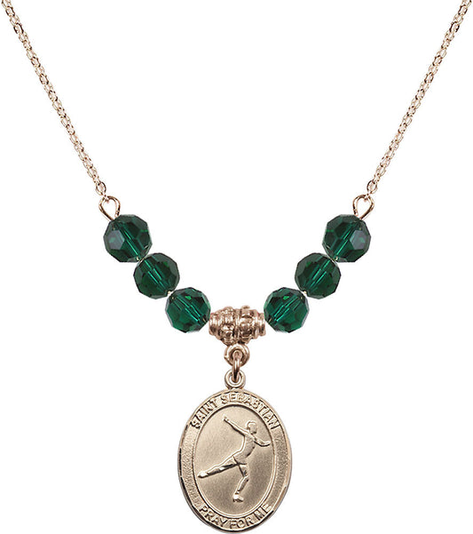 14kt Gold Filled Saint Sebastian/Figure Skating Birthstone Necklace with Emerald Beads - 8177