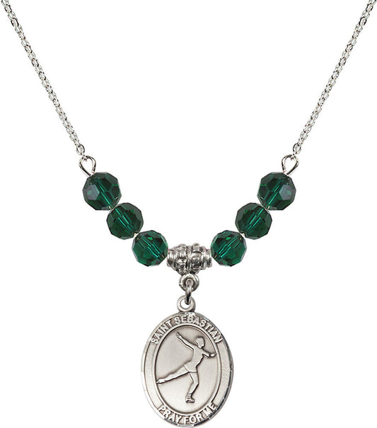 Sterling Silver Saint Sebastian/Figure Skating Birthstone Necklace with Emerald Beads - 8177