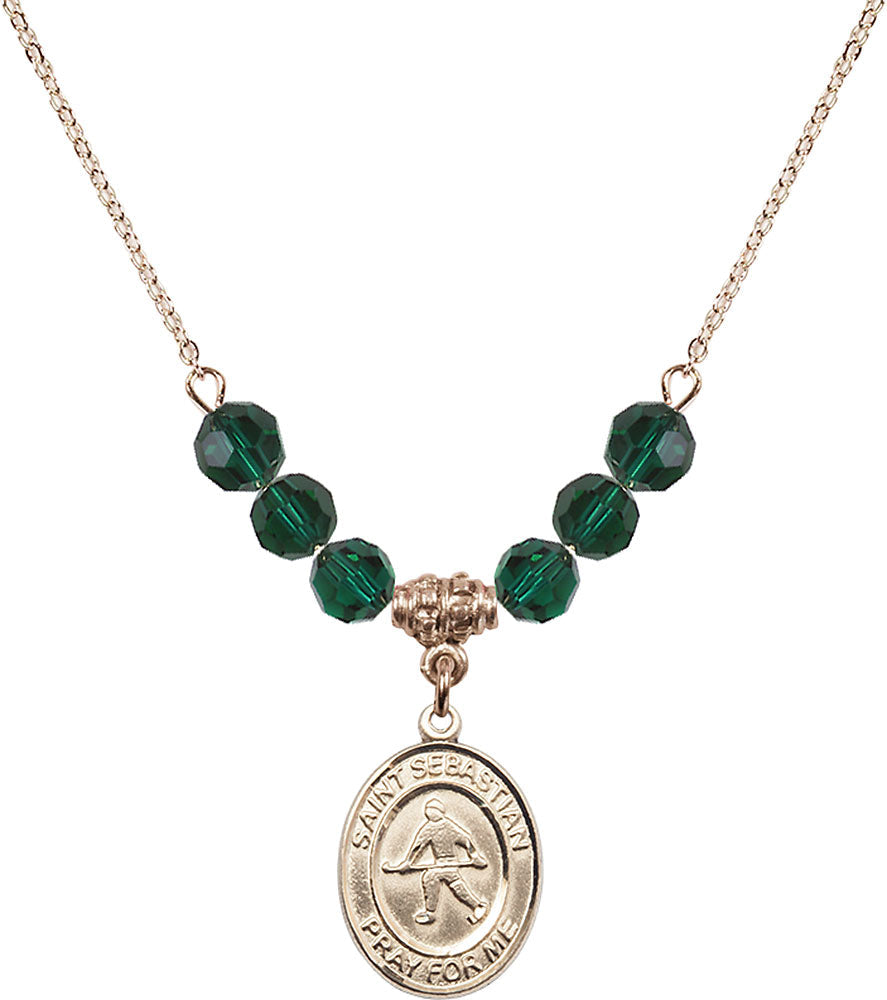 14kt Gold Filled Saint Sebastian/Field Hockey Birthstone Necklace with Emerald Beads - 8178