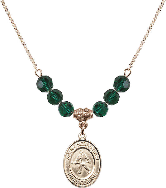 14kt Gold Filled Saint Sebastian/Field Hockey Birthstone Necklace with Emerald Beads - 8178