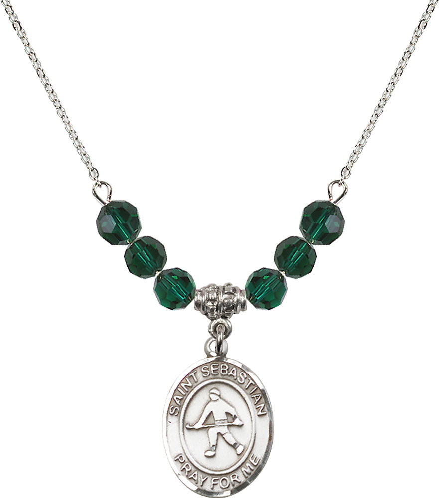 Sterling Silver Saint Sebastian/Field Hockey Birthstone Necklace with Emerald Beads - 8178