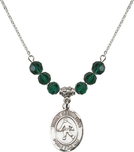 Sterling Silver Saint Sebastian/Field Hockey Birthstone Necklace with Emerald Beads - 8178
