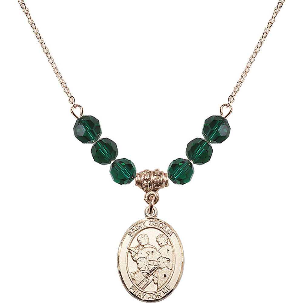 14kt Gold Filled Saint Cecilia / Marching Band Birthstone Necklace with Emerald Beads - 8179
