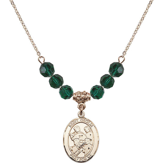 14kt Gold Filled Saint Cecilia / Marching Band Birthstone Necklace with Emerald Beads - 8179