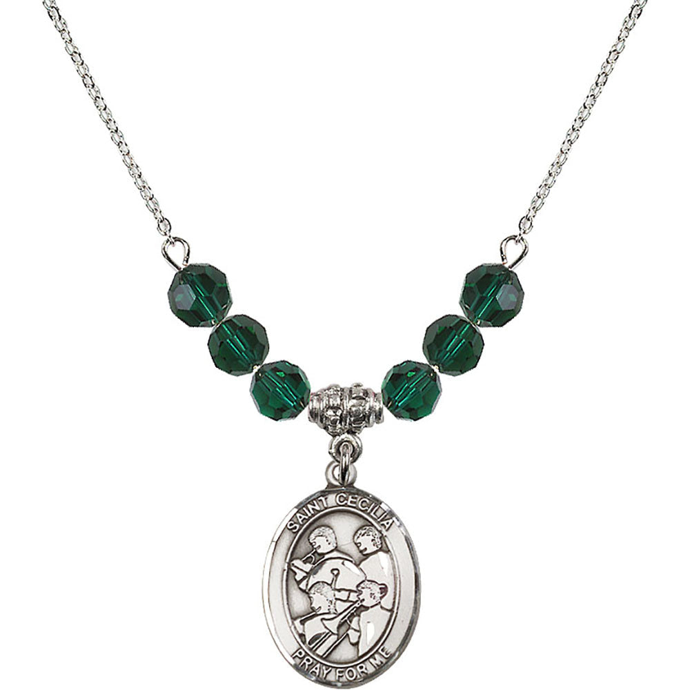 Sterling Silver Saint Cecilia / Marching Band Birthstone Necklace with Emerald Beads - 8179