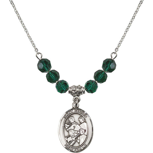 Sterling Silver Saint Cecilia / Marching Band Birthstone Necklace with Emerald Beads - 8179