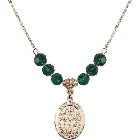 14kt Gold Filled Saint Cecilia / Choir Birthstone Necklace with Emerald Beads - 8180