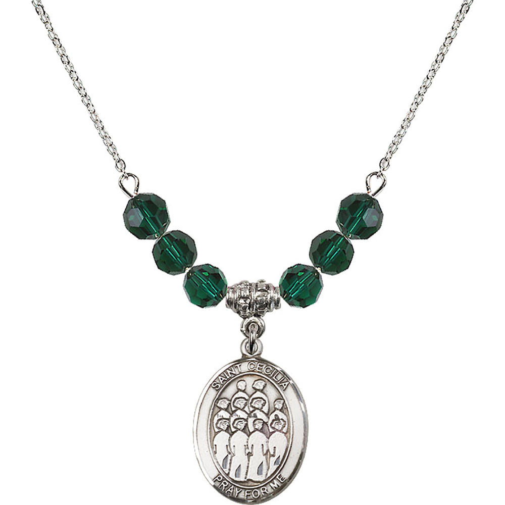 Sterling Silver Saint Cecilia / Choir Birthstone Necklace with Emerald Beads - 8180