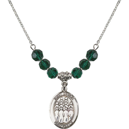 Sterling Silver Saint Cecilia / Choir Birthstone Necklace with Emerald Beads - 8180