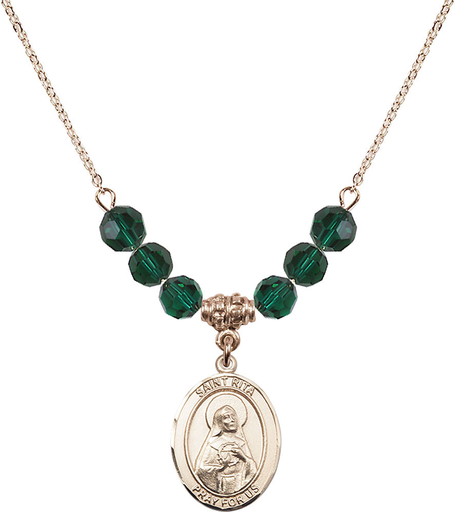 14kt Gold Filled Saint Rita / Baseball Birthstone Necklace with Emerald Beads - 8181