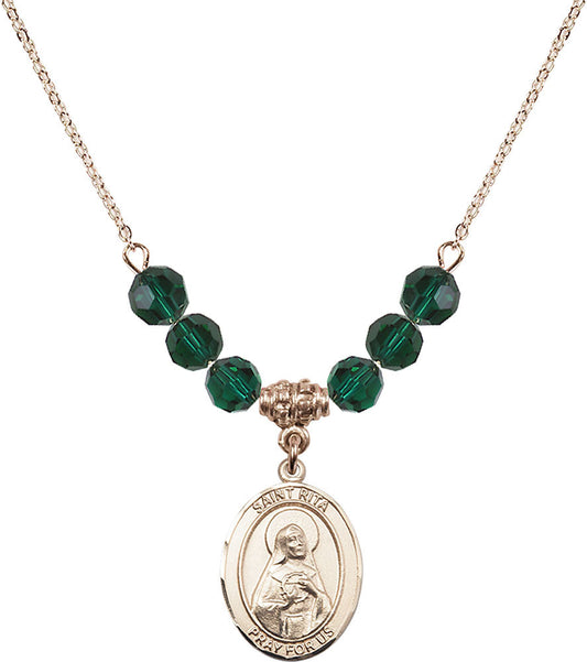 14kt Gold Filled Saint Rita / Baseball Birthstone Necklace with Emerald Beads - 8181