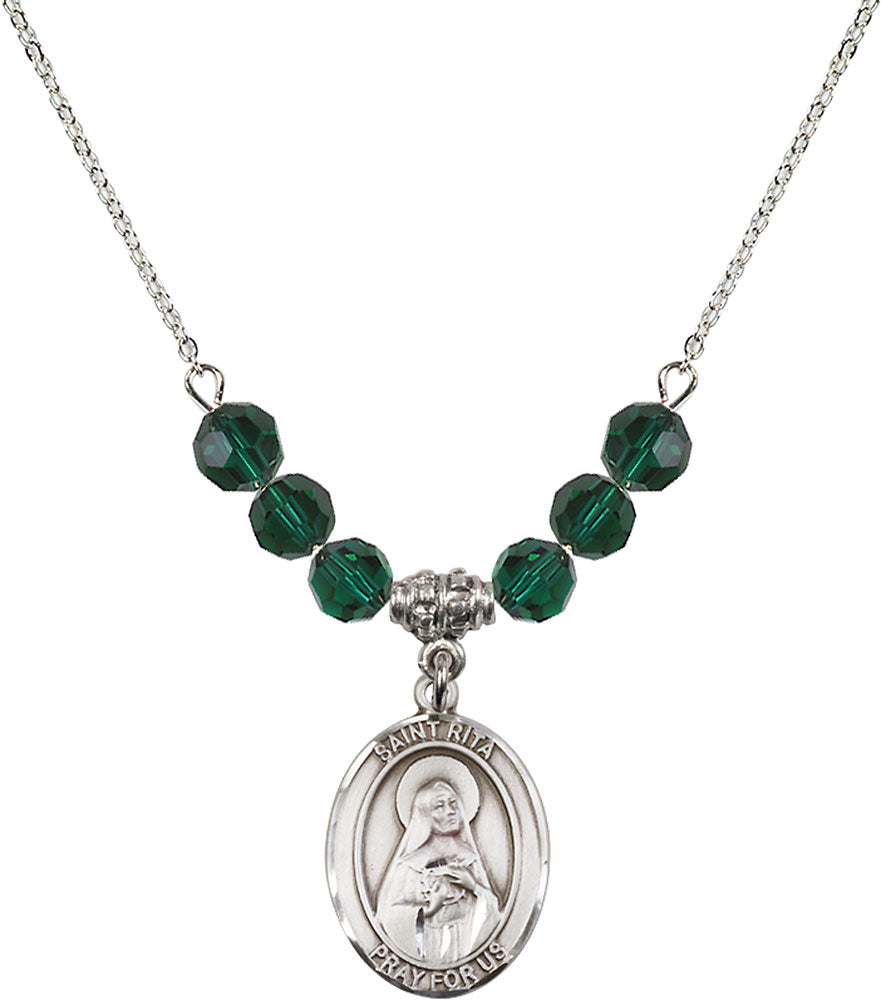 Sterling Silver Saint Rita / Baseball Birthstone Necklace with Emerald Beads - 8181