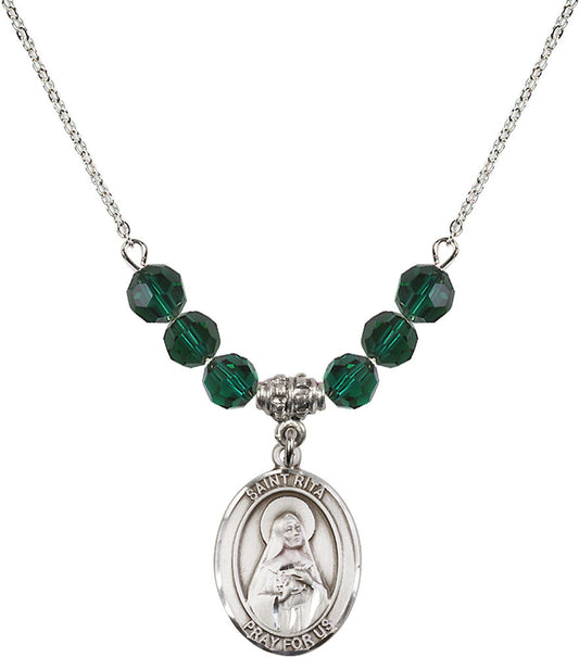 Sterling Silver Saint Rita / Baseball Birthstone Necklace with Emerald Beads - 8181