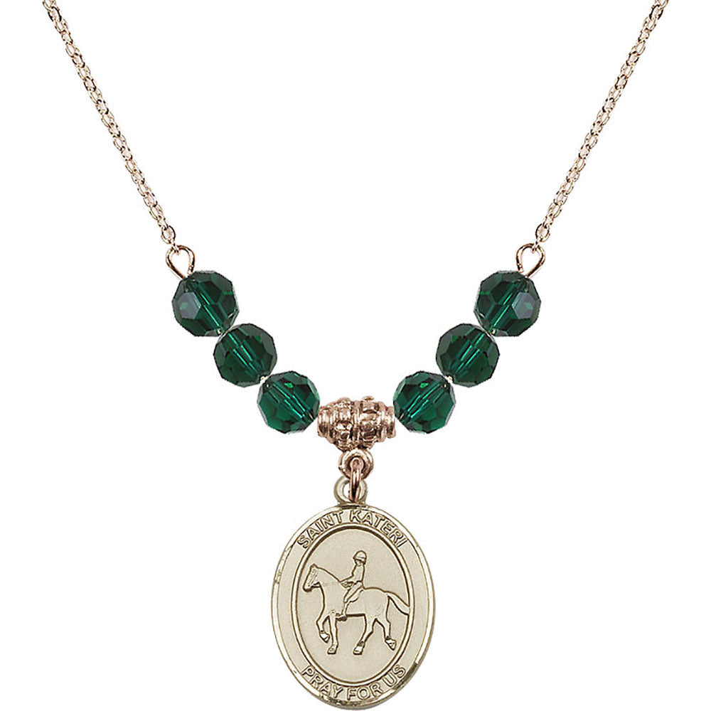 14kt Gold Filled Saint Kateri/Equestrian Birthstone Necklace with Emerald Beads - 8182