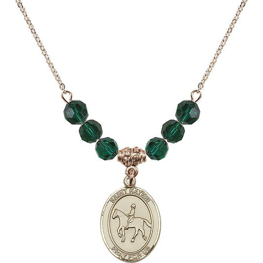 14kt Gold Filled Saint Kateri/Equestrian Birthstone Necklace with Emerald Beads - 8182