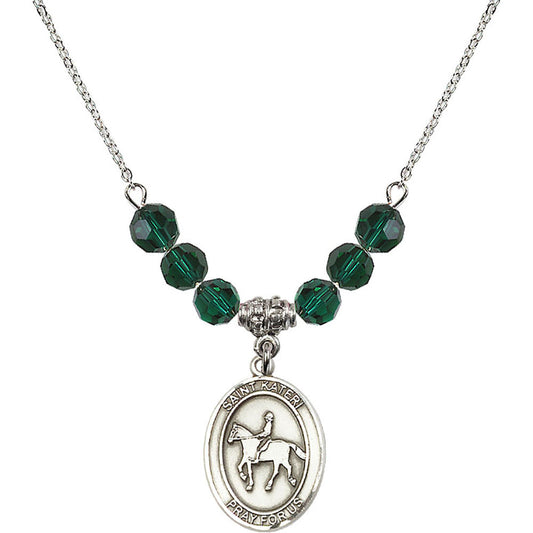 Sterling Silver Saint Kateri/Equestrian Birthstone Necklace with Emerald Beads - 8182