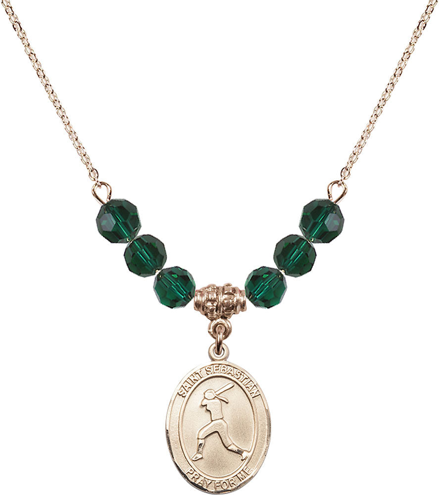 14kt Gold Filled Saint Sebastian / Softball Birthstone Necklace with Emerald Beads - 8183