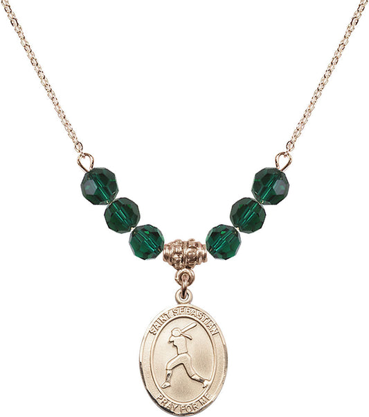 14kt Gold Filled Saint Sebastian / Softball Birthstone Necklace with Emerald Beads - 8183