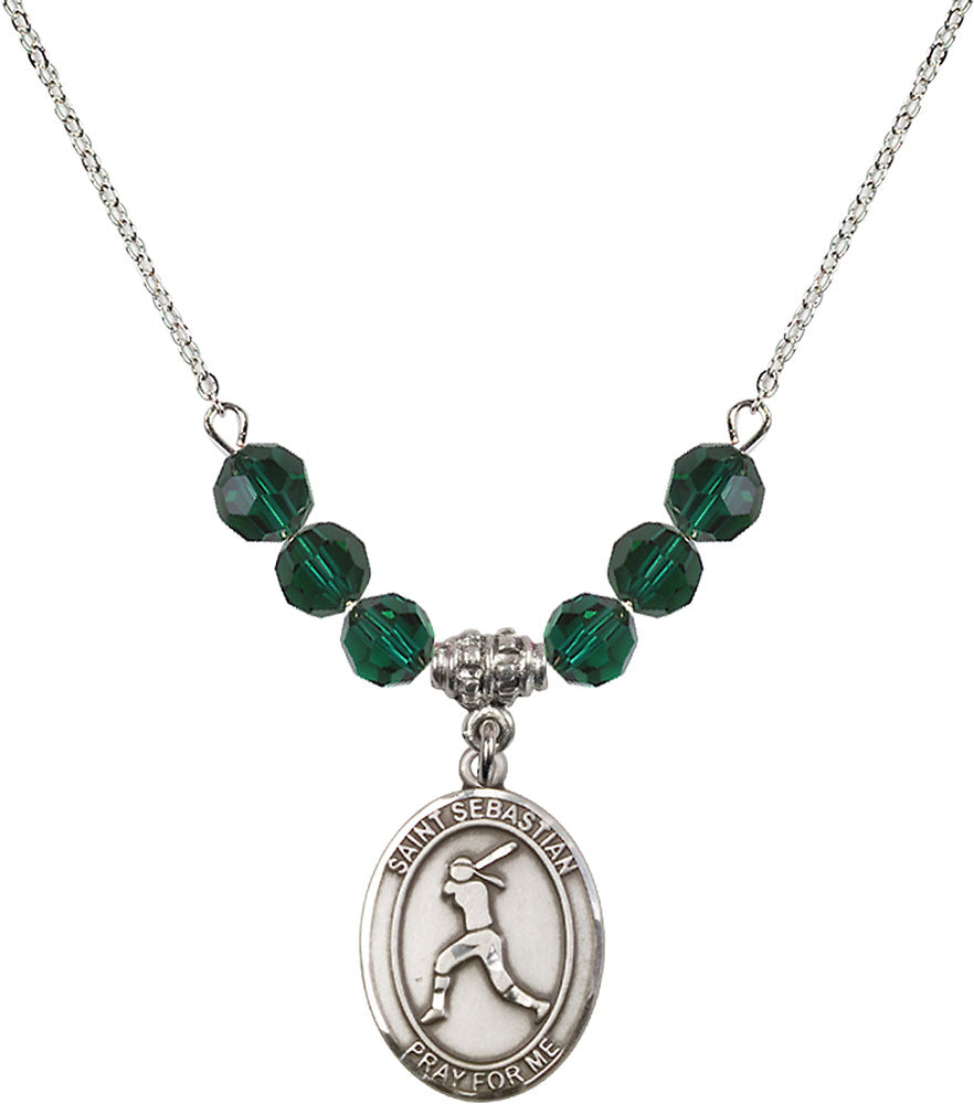 Sterling Silver Saint Sebastian / Softball Birthstone Necklace with Emerald Beads - 8183