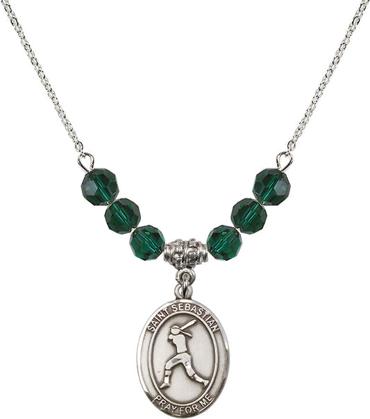 Sterling Silver Saint Sebastian / Softball Birthstone Necklace with Emerald Beads - 8183