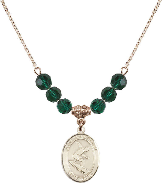 14kt Gold Filled Saint Christopher/Surfing Birthstone Necklace with Emerald Beads - 8184