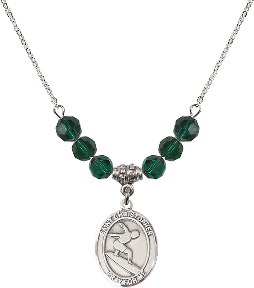 Sterling Silver Saint Christopher/Surfing Birthstone Necklace with Emerald Beads - 8184