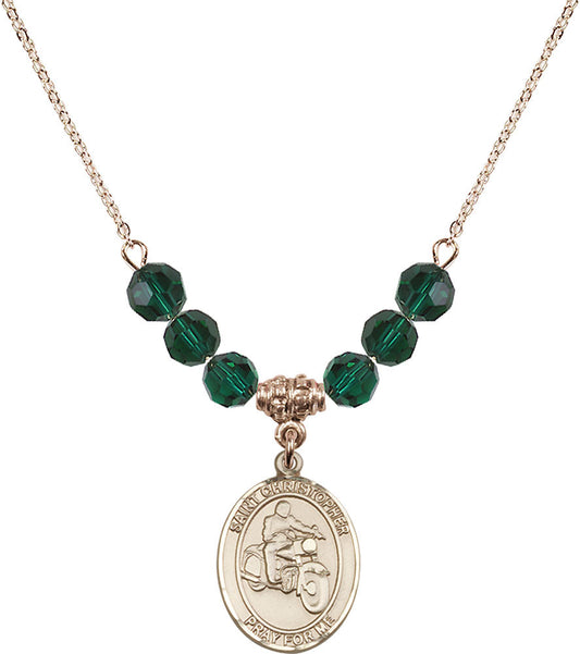 14kt Gold Filled Saint Christopher/Motorcycle Birthstone Necklace with Emerald Beads - 8185