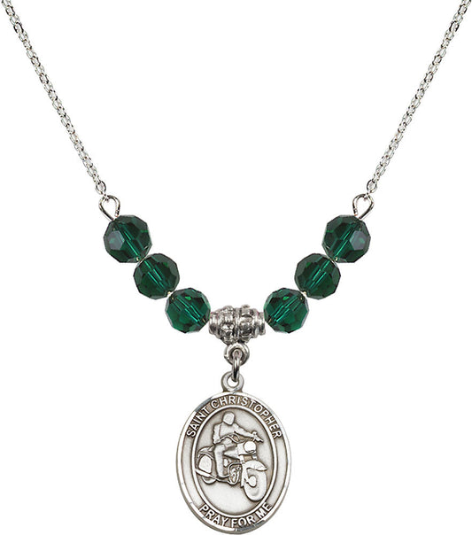 Sterling Silver Saint Christopher/Motorcycle Birthstone Necklace with Emerald Beads - 8185