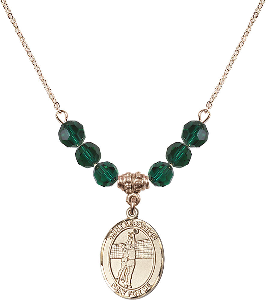14kt Gold Filled Saint Sebastian / Volleyball Birthstone Necklace with Emerald Beads - 8186