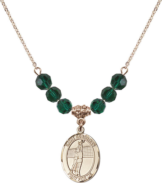 14kt Gold Filled Saint Sebastian / Volleyball Birthstone Necklace with Emerald Beads - 8186