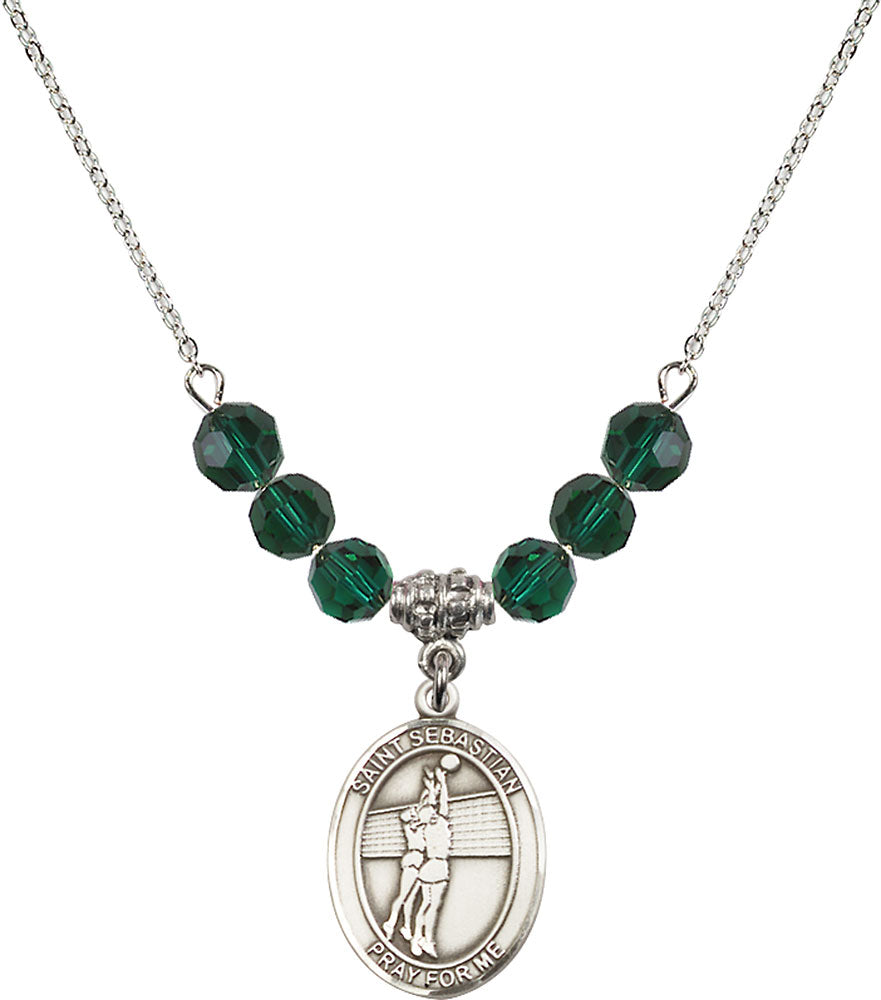 Sterling Silver Saint Sebastian / Volleyball Birthstone Necklace with Emerald Beads - 8186
