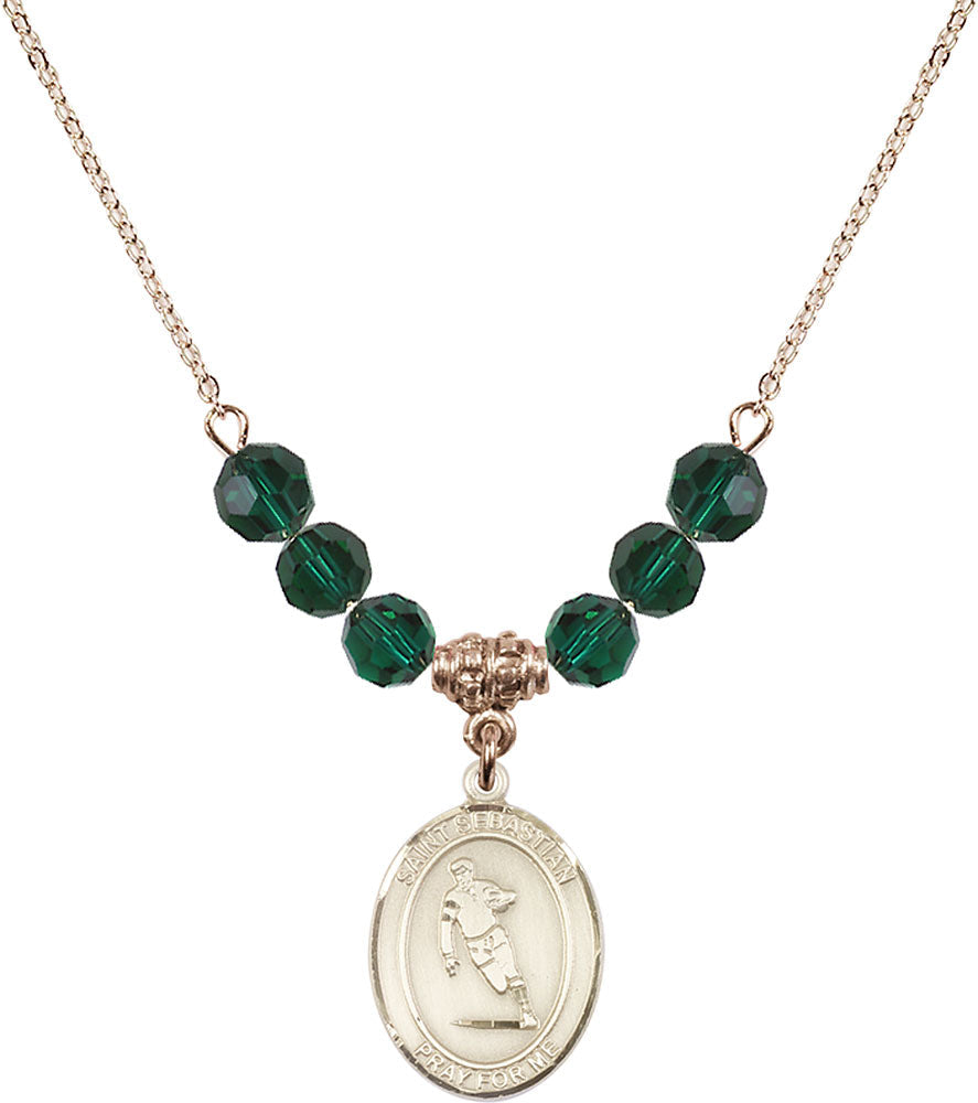 14kt Gold Filled Saint Sebastian / Rugby Birthstone Necklace with Emerald Beads - 8187