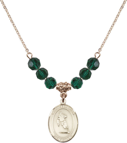 14kt Gold Filled Saint Sebastian / Rugby Birthstone Necklace with Emerald Beads - 8187