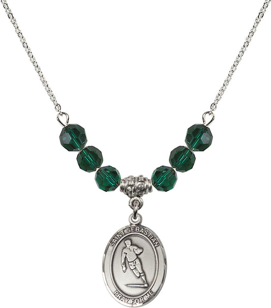 Sterling Silver Saint Sebastian / Rugby Birthstone Necklace with Emerald Beads - 8187