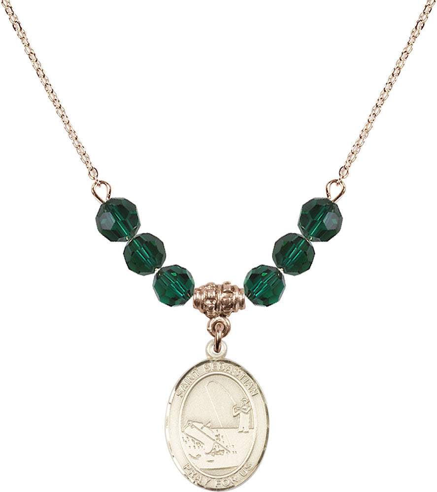 14kt Gold Filled Saint Sebastian / Fishing Birthstone Necklace with Emerald Beads - 8188