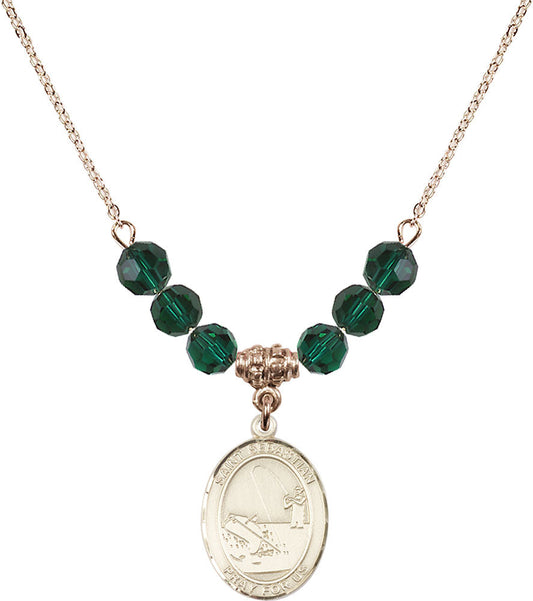 14kt Gold Filled Saint Sebastian / Fishing Birthstone Necklace with Emerald Beads - 8188