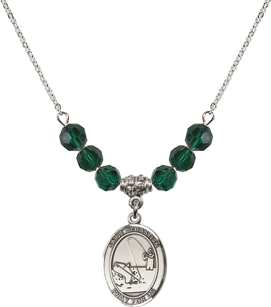 Sterling Silver Saint Sebastian / Fishing Birthstone Necklace with Emerald Beads - 8188