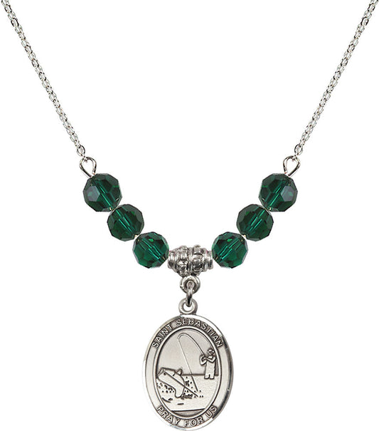 Sterling Silver Saint Sebastian / Fishing Birthstone Necklace with Emerald Beads - 8188