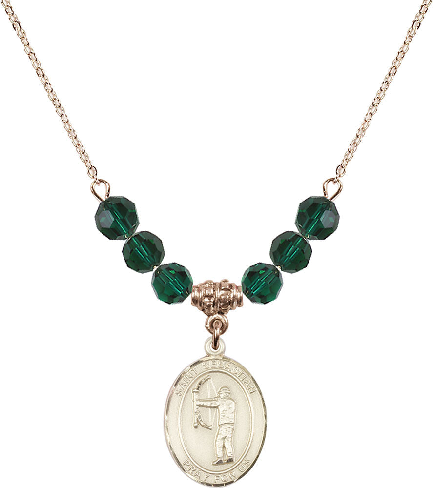 14kt Gold Filled Saint Sebastian / Archery Birthstone Necklace with Emerald Beads - 8189