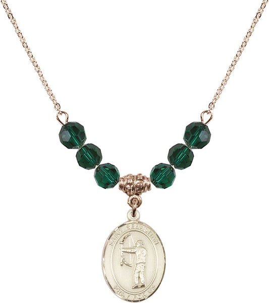14kt Gold Filled Saint Sebastian / Archery Birthstone Necklace with Emerald Beads - 8189