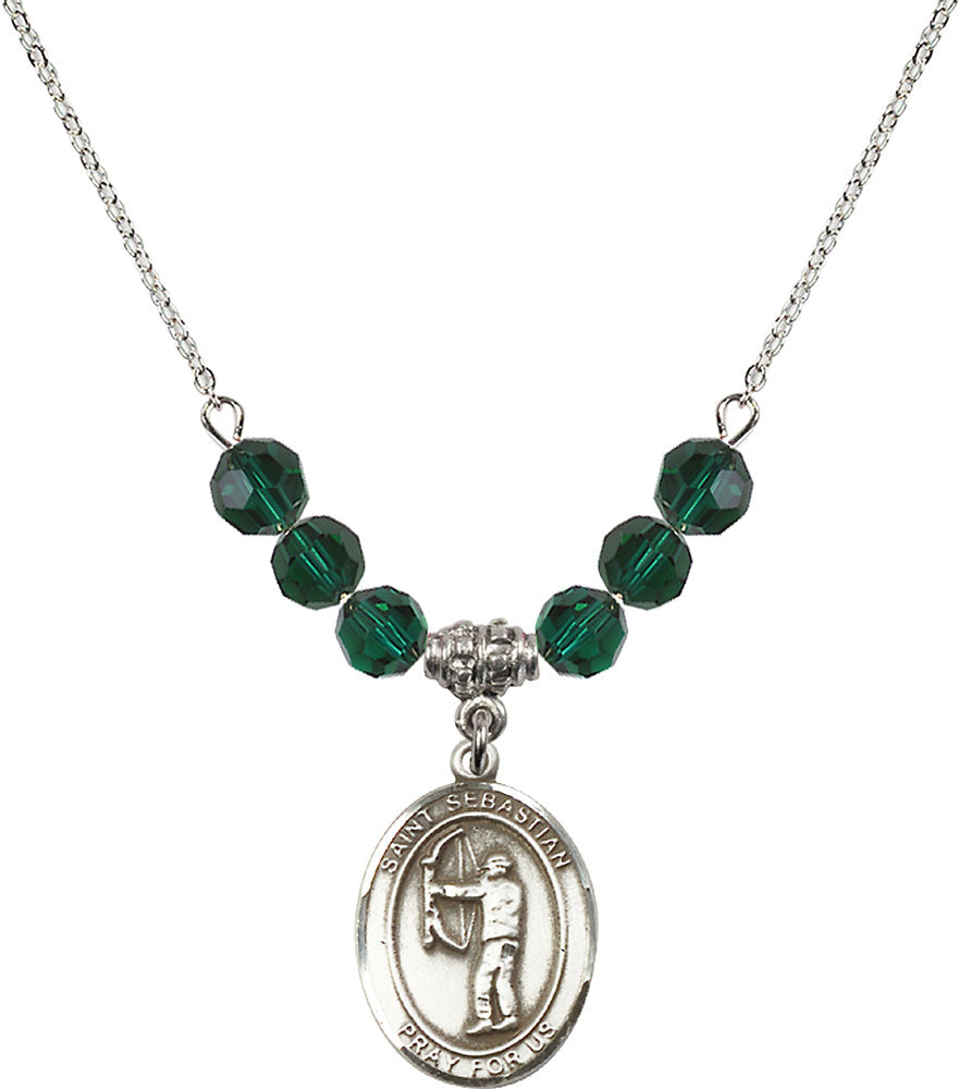 Sterling Silver Saint Sebastian / Archery Birthstone Necklace with Emerald Beads - 8189