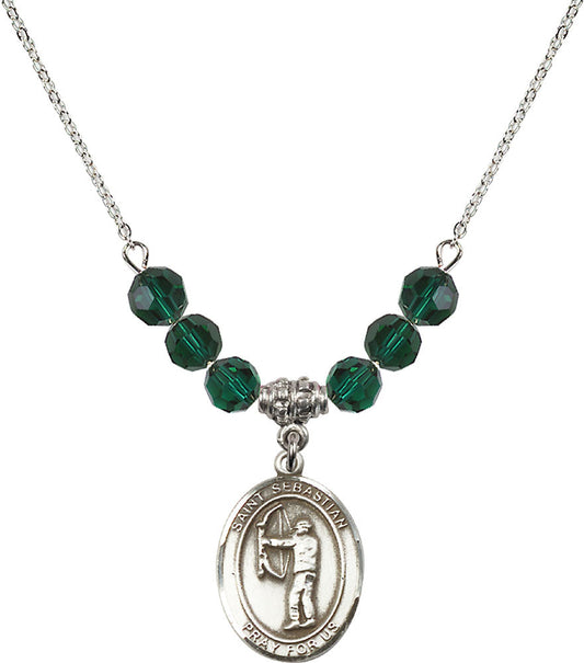 Sterling Silver Saint Sebastian / Archery Birthstone Necklace with Emerald Beads - 8189
