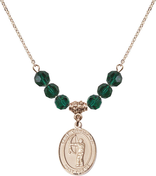 14kt Gold Filled Saint Christopher/Archery Birthstone Necklace with Emerald Beads - 8190