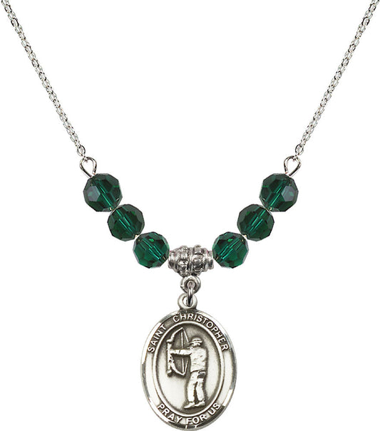 Sterling Silver Saint Christopher/Archery Birthstone Necklace with Emerald Beads - 8190
