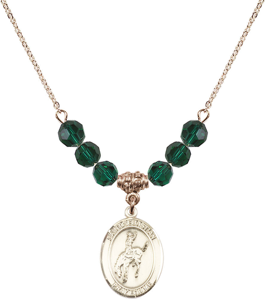 14kt Gold Filled Saint Sebastian / Rodeo Birthstone Necklace with Emerald Beads - 8191